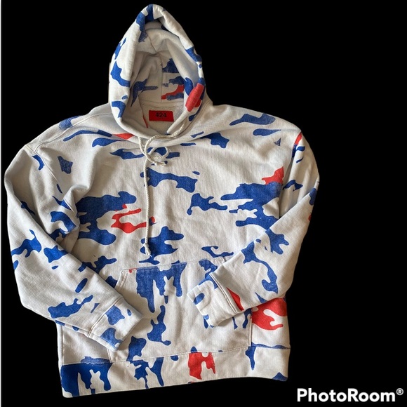 424 on Fairfax 2018 Hoodie Sweatshirt Camo White Red Blue Sz L Thick - Picture 2 of 12